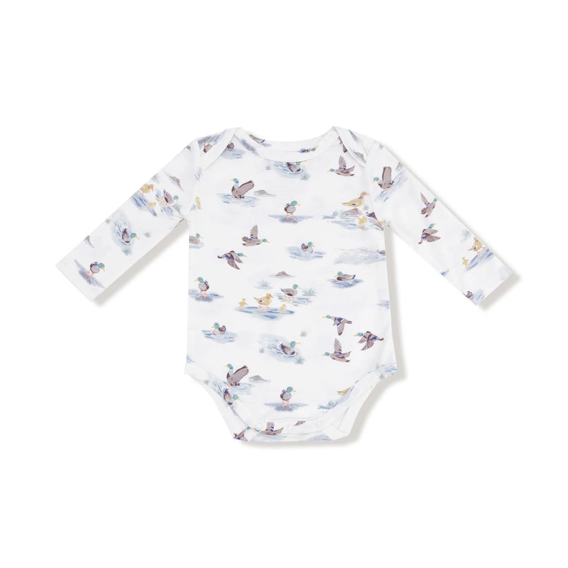 Migrating Mallards long sleeve lap-shoulder bodysuit, flat lay front view