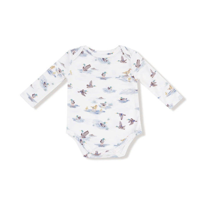 Migrating Mallards long sleeve lap-shoulder bodysuit, flat lay front view