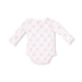 Long sleeve lap-shoulder bodysuit in pink ribbon bow trellis print, front flat lay