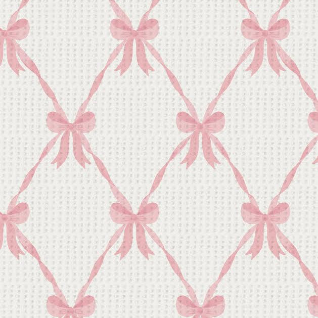 Close-up swatch of pink ribbon bow trellis thermal waffle knit