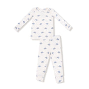Long sleeve two-piece loungewear set in cream with blue cowboy hat print, front flat lay