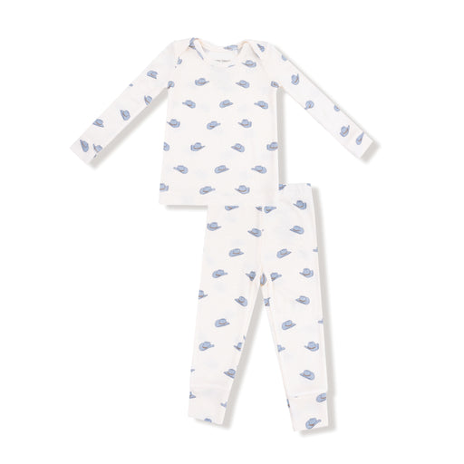 Long sleeve two-piece loungewear set in cream with blue cowboy hat print, front flat lay