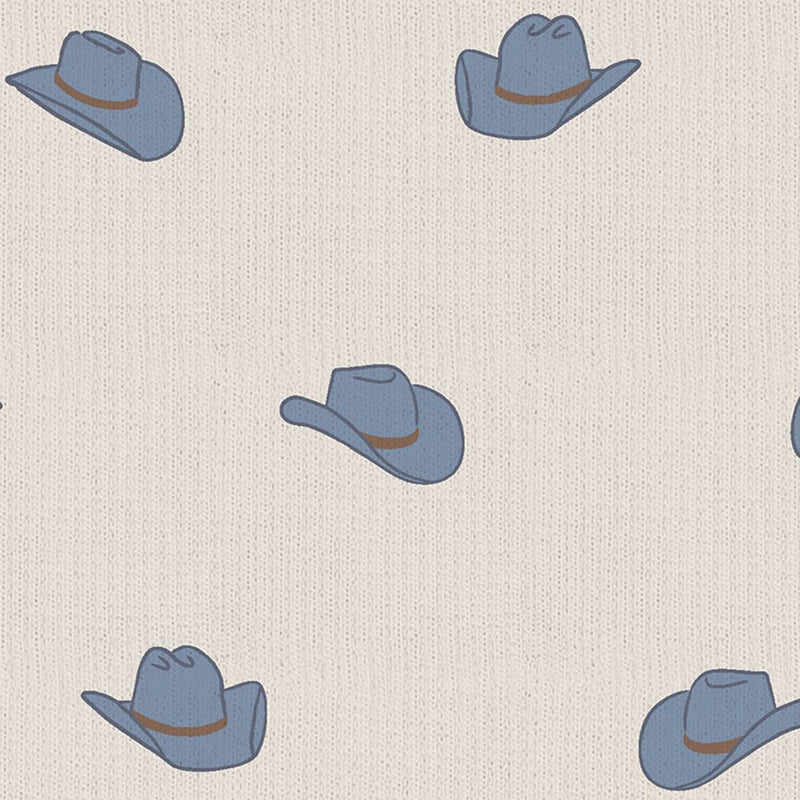 Close-up swatch of blue cowboy hats print on ribbed knit