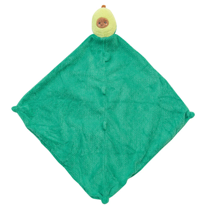 avocado green lovie blankie laid flat with avocado pit head