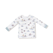 Closeup of long-sleeve top in Migrating Mallards print with blue cuffs