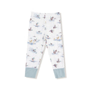 Matching pants in Migrating Mallards print with blue ankle cuffs