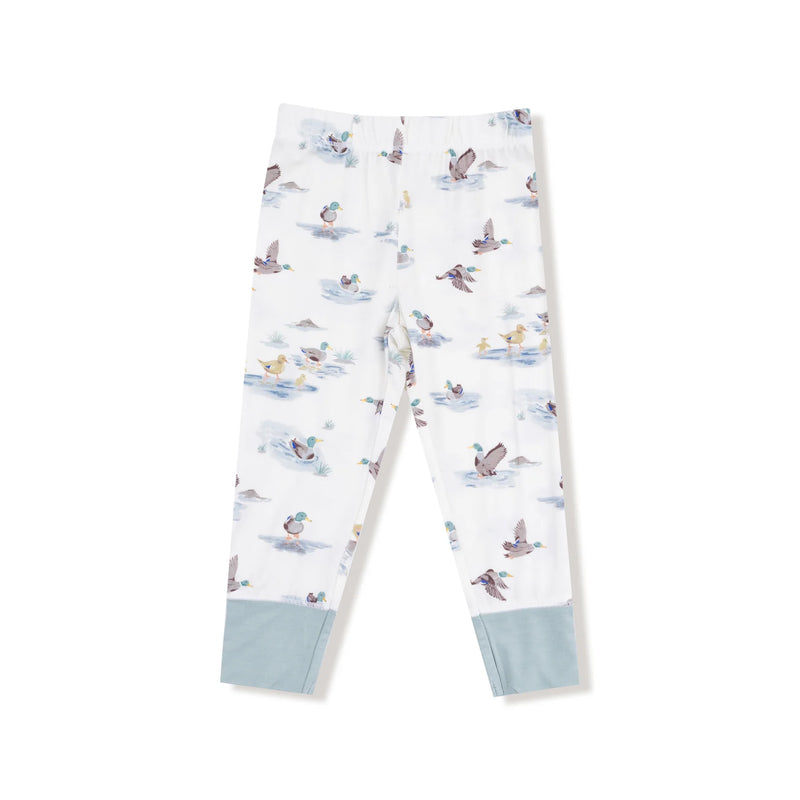 Matching pants in Migrating Mallards print with blue ankle cuffs