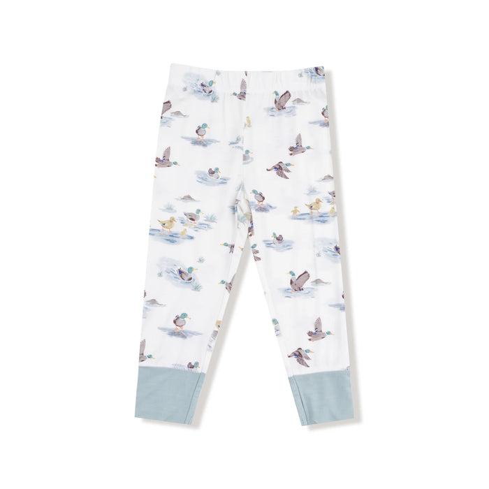 Matching pants in Migrating Mallards print with blue ankle cuffs