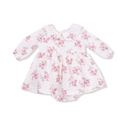Long-sleeve smocked bubble with tutu in Belle Rosette Dot print, laid flat