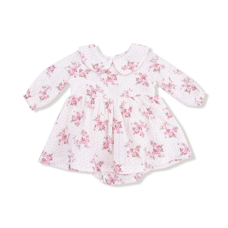Long-sleeve smocked bubble with tutu in Belle Rosette Dot print, laid flat