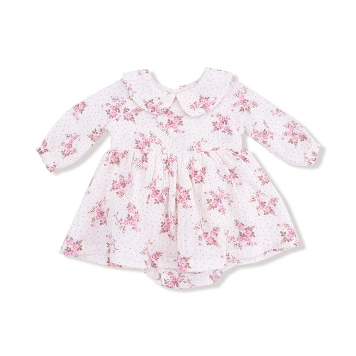 Long-sleeve smocked bubble with tutu in Belle Rosette Dot print, laid flat