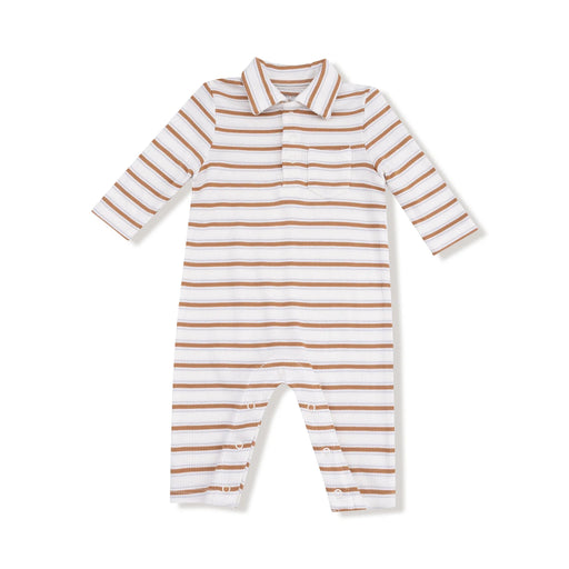 Brown and white vintage-stripe ribbed polo romper with collar and long sleeves, flat lay front.
