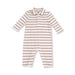 Brown and white vintage-stripe ribbed polo romper with collar and long sleeves, flat lay front.