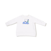 White raglan sweatshirt with chenille golf cart applique, front view on flat lay