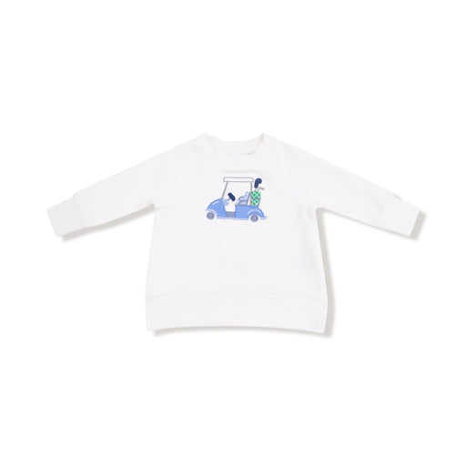 White raglan sweatshirt with chenille golf cart applique, front view on flat lay