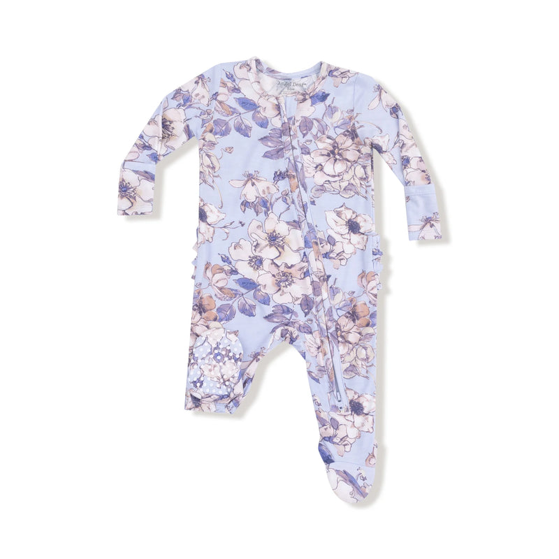 Woodrose Peri floral ruffle back footie, flat lay front view