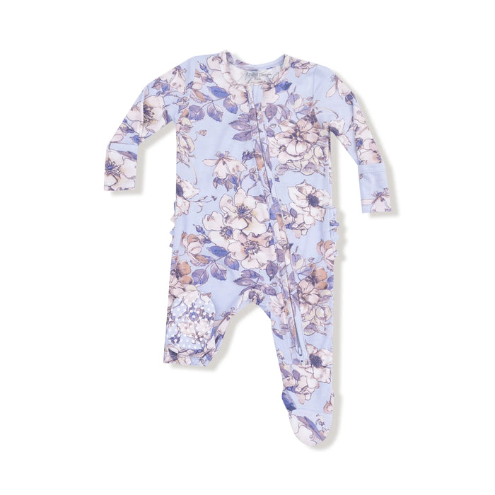Woodrose Peri floral ruffle back footie, flat lay front view