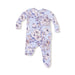 Woodrose Peri floral ruffle back footie, flat lay front view
