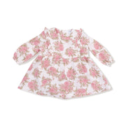 Heirloom Bouquets long-sleeve ruffle bubble with skirt in pink floral print, flat lay front.