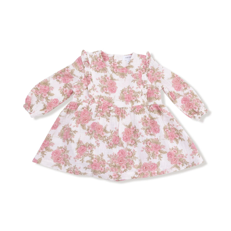 Heirloom Bouquets long-sleeve ruffle bubble with skirt in pink floral print, flat lay front.