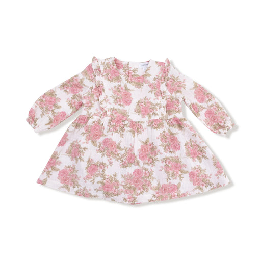 Heirloom Bouquets long-sleeve ruffle bubble with skirt in pink floral print, flat lay front.