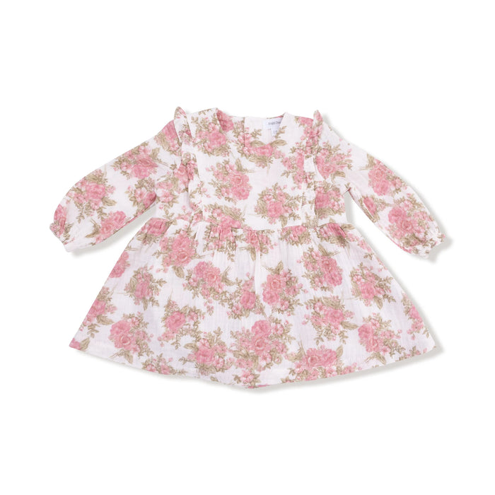 Heirloom Bouquets long-sleeve ruffle bubble with skirt in pink floral print, flat lay front.