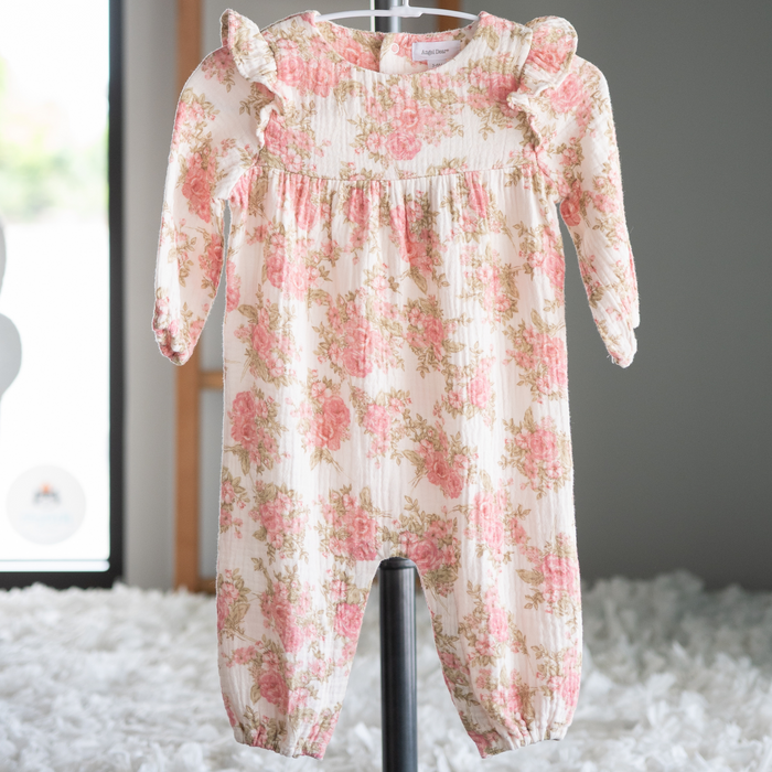Ruffle sleeve muslin romper in Heirloom Bouquets floral, front view