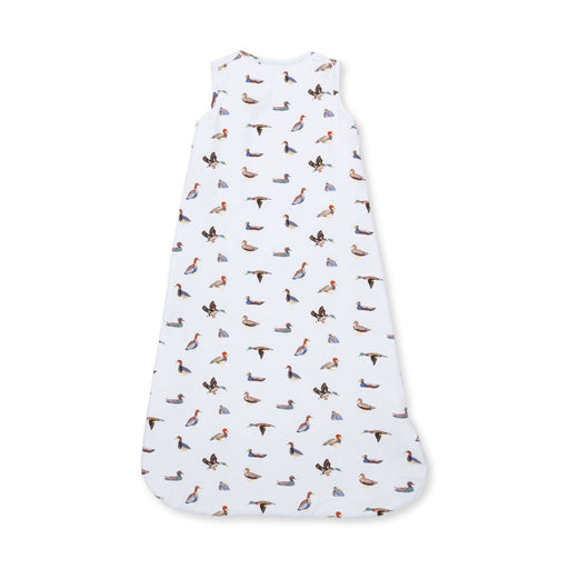 Back view of Angel Dear baby sleep bag in American Ducks print with colorful ducks on a pale blue background