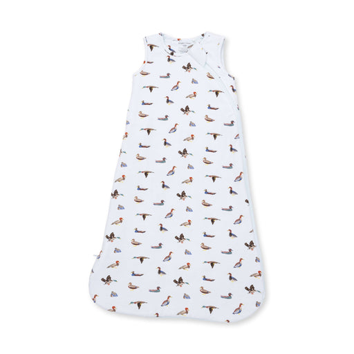 Angel Dear sleeveless baby sleep bag in American Ducks print, front view with colorful ducks on a pale blue background