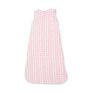 Back view of Angel Dear baby sleep bag in Antoinette Stripe print with pink stripes and floral vine stripes