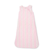 Angel Dear sleeveless baby sleep bag in Antoinette Stripe print, front view with pink stripes and floral vine stripes