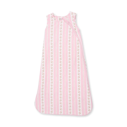 Angel Dear sleeveless baby sleep bag in Antoinette Stripe print, front view with pink stripes and floral vine stripes