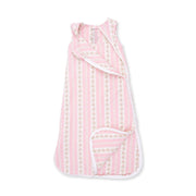 Angel Dear Antoinette Stripe baby sleep bag unzipped at the top and bottom, showing the two-way zipper and lining