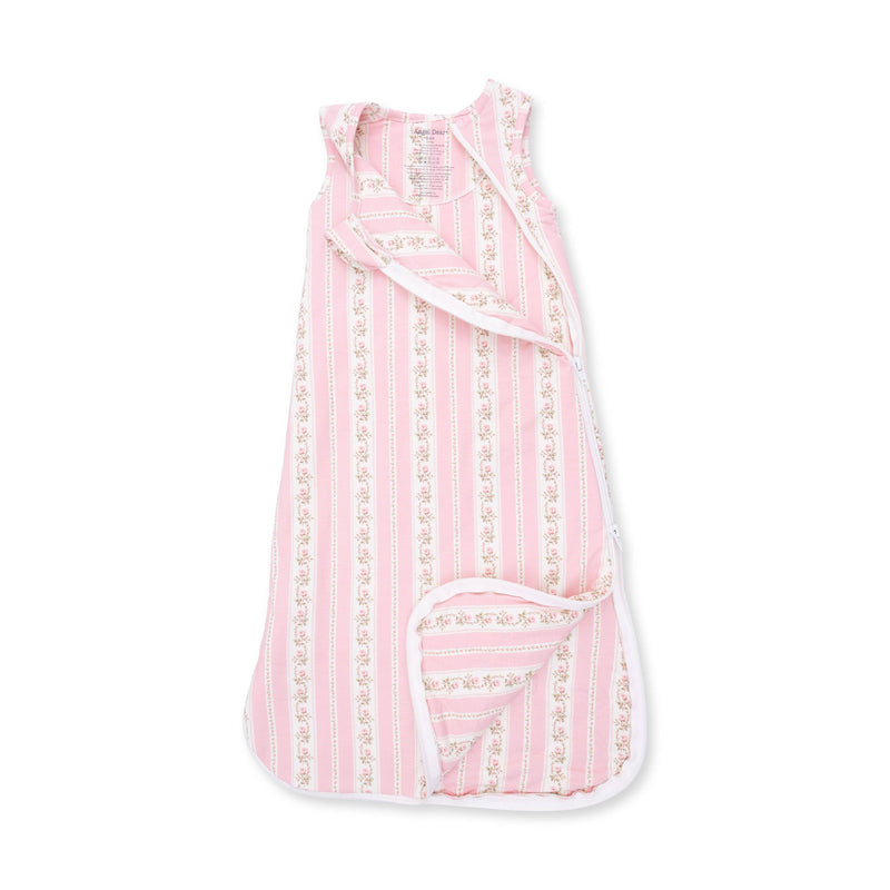Angel Dear Antoinette Stripe baby sleep bag unzipped at the top and bottom, showing the two-way zipper and lining