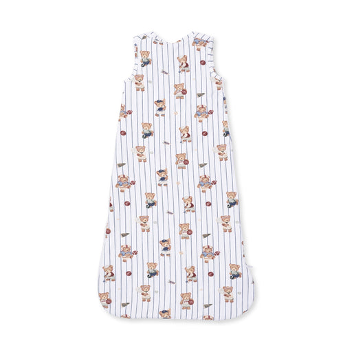 Back view of Angel Dear baby sleep bag in Mixed Sports Bears print with teddy bears, footballs and baseballs on navy pinstripes