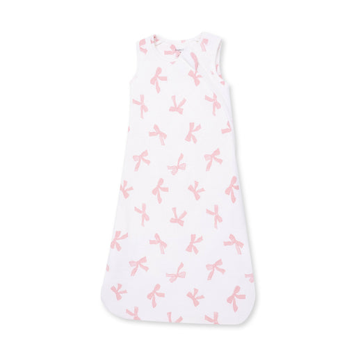 Angel Dear sleeveless baby sleep bag in Pretty Bows print, front view with pink bows on white