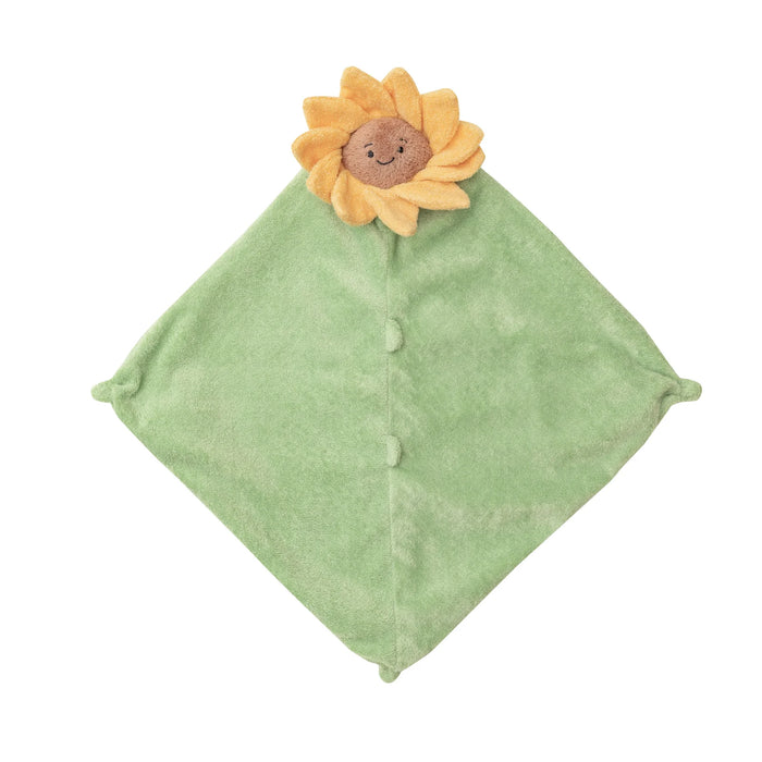 sunflower green lovie blankie laid flat with sunflower head