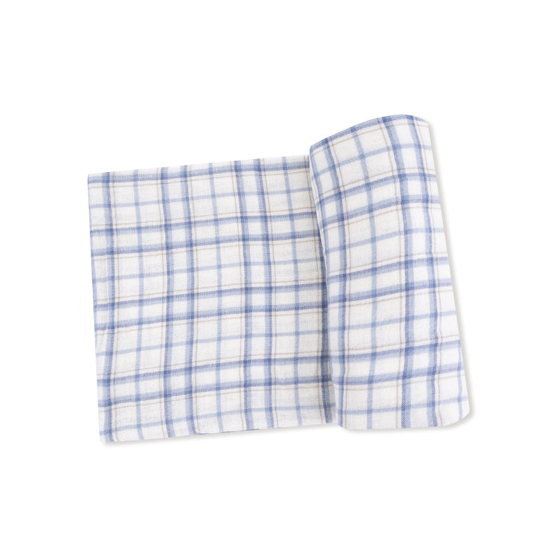 Blue plaid muslin swaddle blanket, folded flat to show pattern