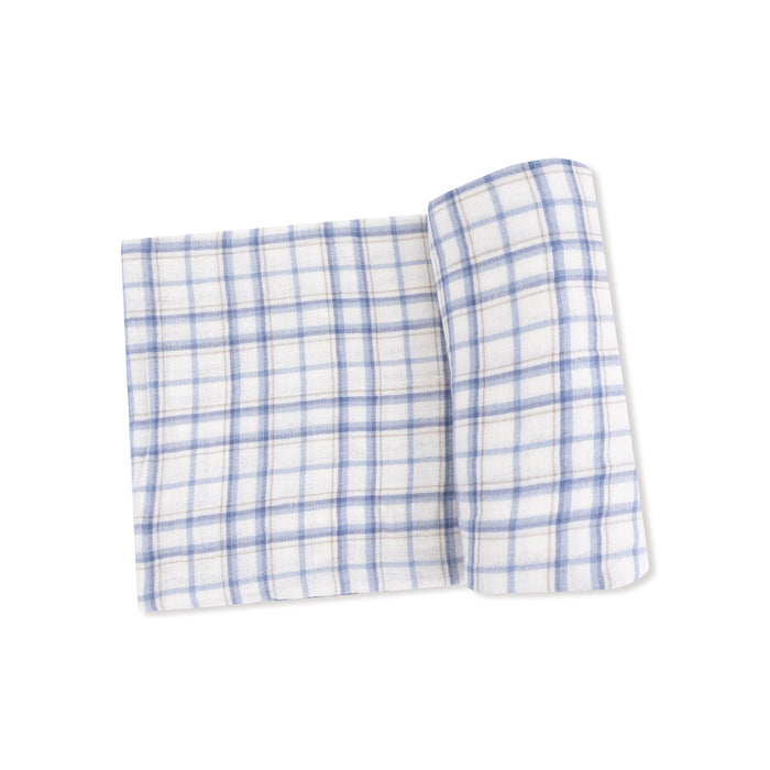 Blue plaid muslin swaddle blanket, folded flat to show pattern