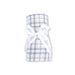 Blue plaid muslin swaddle rolled and tied with white ribbon