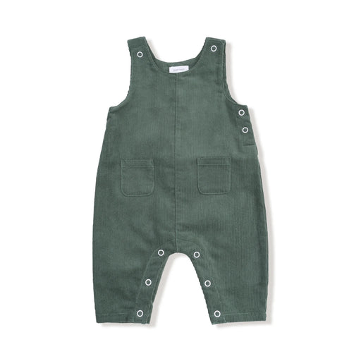 Flat lay of dark ivy corduroy baby overalls with adjustable straps, side buttons, snap inseam, and two front pockets