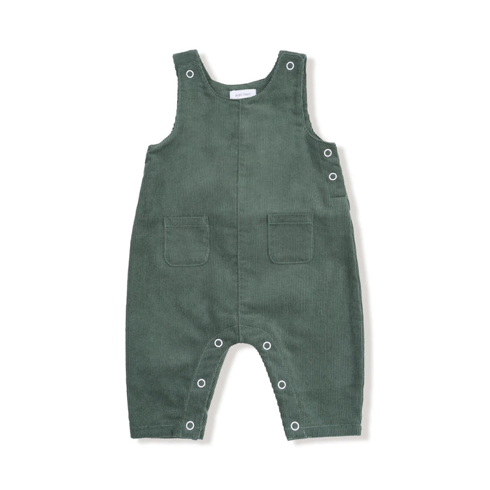 Flat lay of dark ivy corduroy baby overalls with adjustable straps, side buttons, snap inseam, and two front pockets