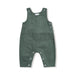 Flat lay of dark ivy corduroy baby overalls with adjustable straps, side buttons, snap inseam, and two front pockets