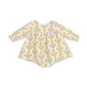 Flat lay of Angel Dear Winter Dandelions puffed long sleeve bubble with skirt and ladder trim