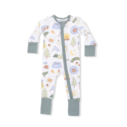 Baby onesie with nature-themed print on a white background