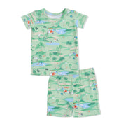 Children's pajama set with golf and golf cart pattern on a white background