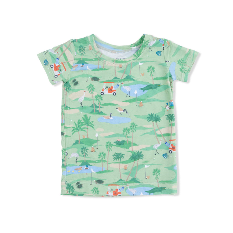 Children's t-shirt with golf-themed print on a white background