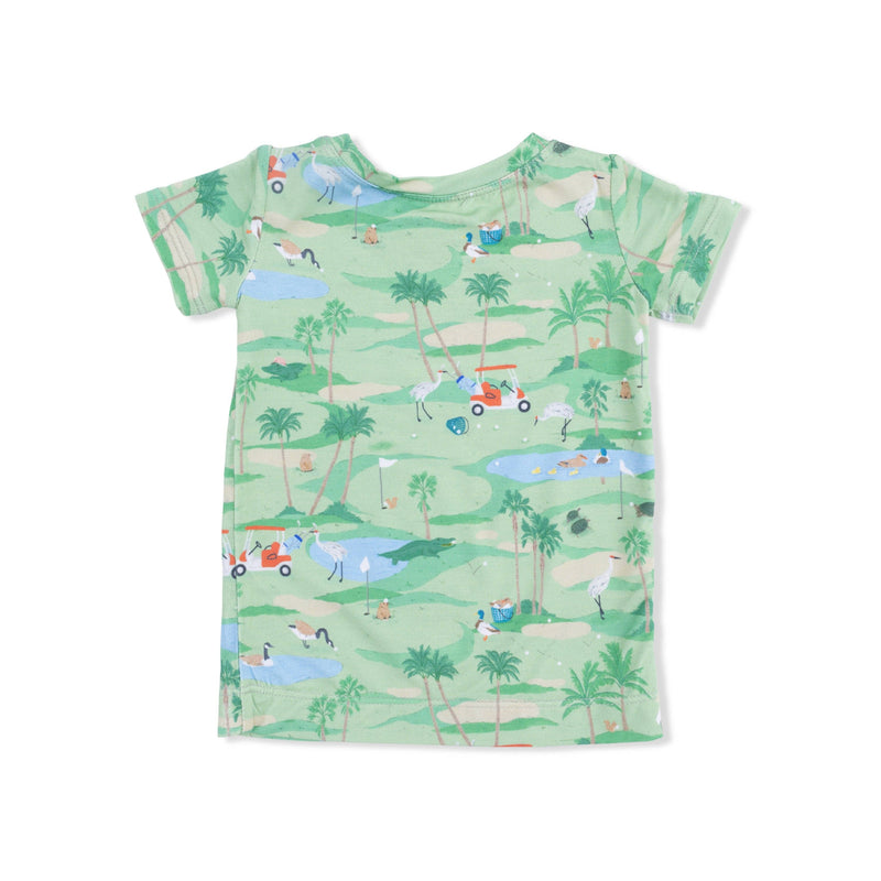 Children's t-shirt with a golf-themed print on a white background