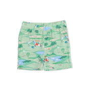 Green shorts with a golf course pattern on a white background