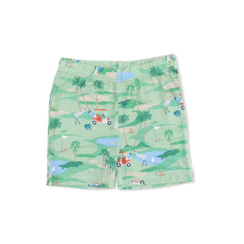 Green shorts with a golf course pattern on a white background